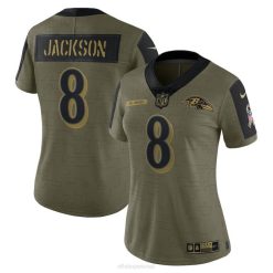 NFL Frauen Baltimore Ravens Lamar Jackson Nike Olive 2021 Salute to Service limitiertes Spielertrikot 4R0Z3611 Kleidung